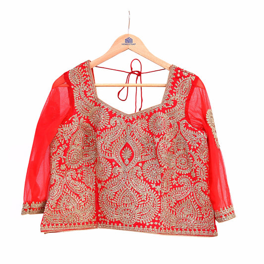 Indian Pre-owned Designer Abu jani Red Raw Silk Hand Embroidered Blouse/Top/Crop L Size Party wear Bollywood