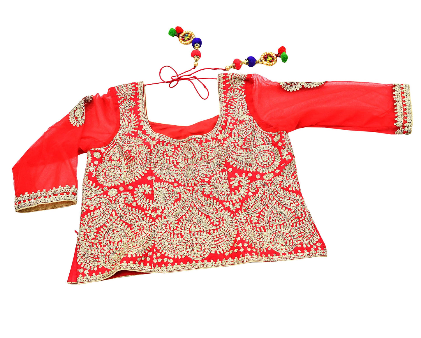 Indian Pre-owned Designer Abu jani Red Raw Silk Hand Embroidered Blouse/Top/Crop L Size Party wear Bollywood