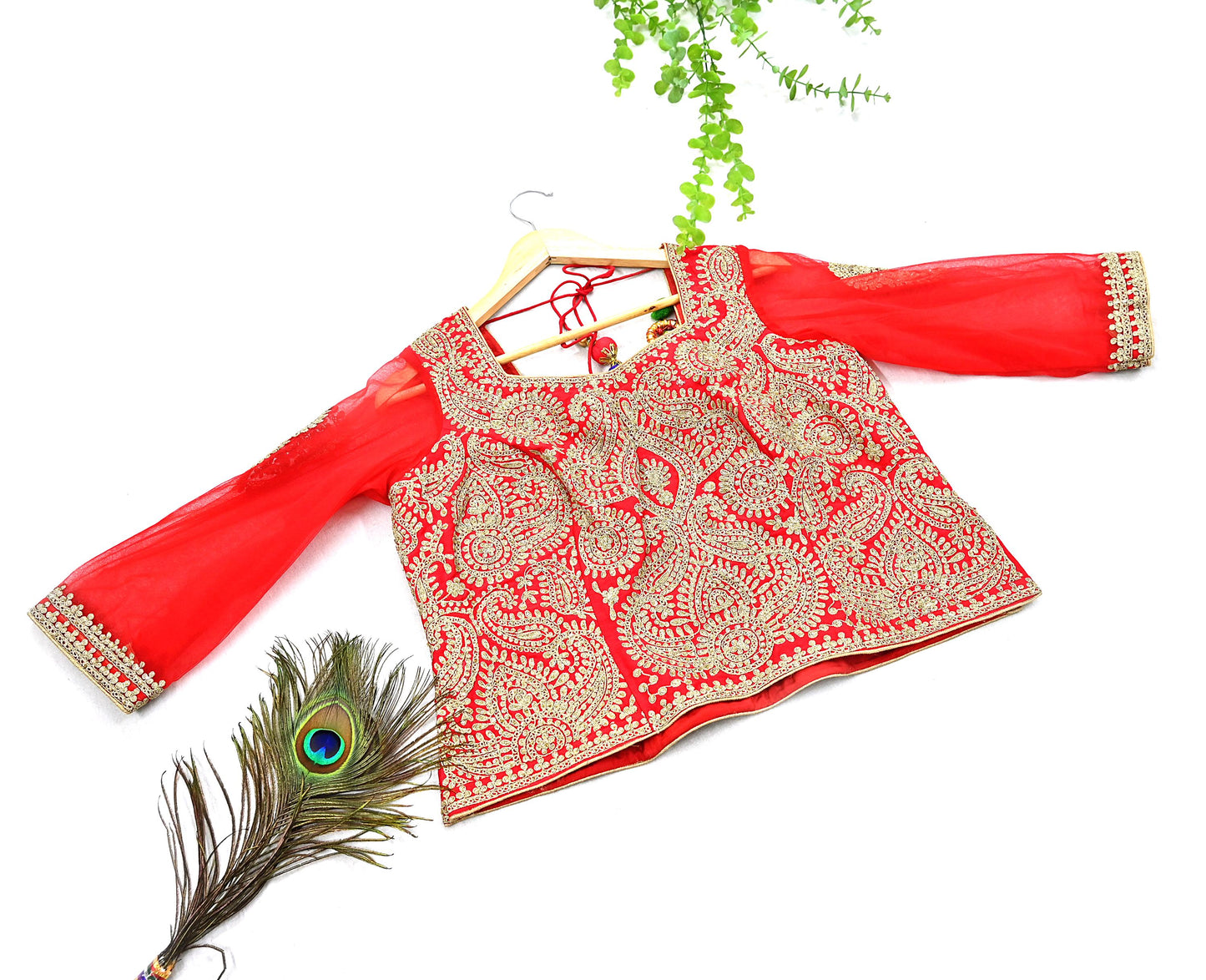 Indian Pre-owned Designer Abu jani Red Raw Silk Hand Embroidered Blouse/Top/Crop L Size Party wear Bollywood