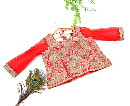 Indian Pre-owned Designer Abu jani Red Raw Silk Hand Embroidered Blouse/Top/Crop L Size Party wear Bollywood