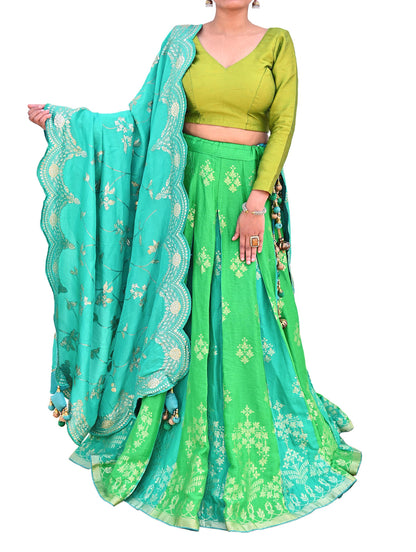 Abu Jani Bridal Lehenga Set Green Banarasi Raw Silk Handwoven Designer Couture Outfit Wedding Lehenga with Dupatta