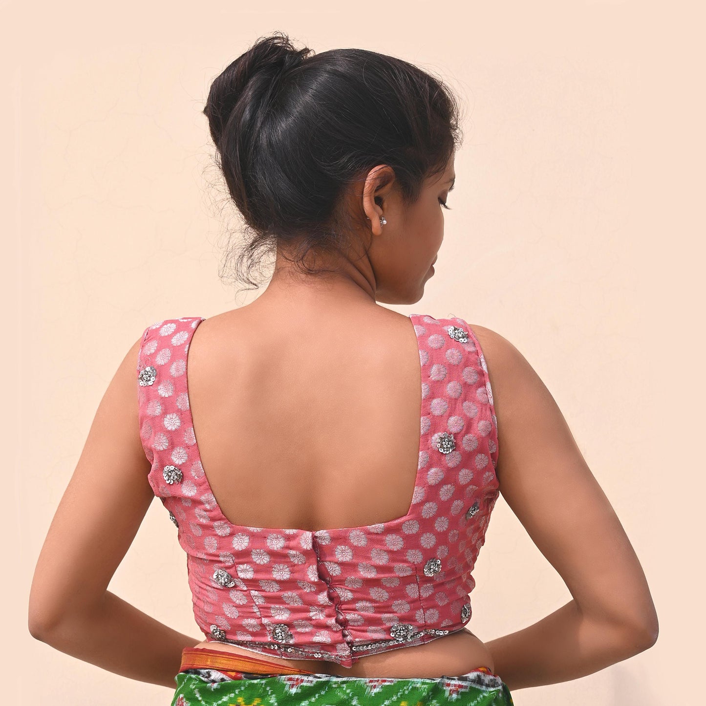 Indian Vintage Pink Georgette Hand Woven Sleeveless Blouse/Top/Crop Party wear Bollywood One Of a Kind Blouse