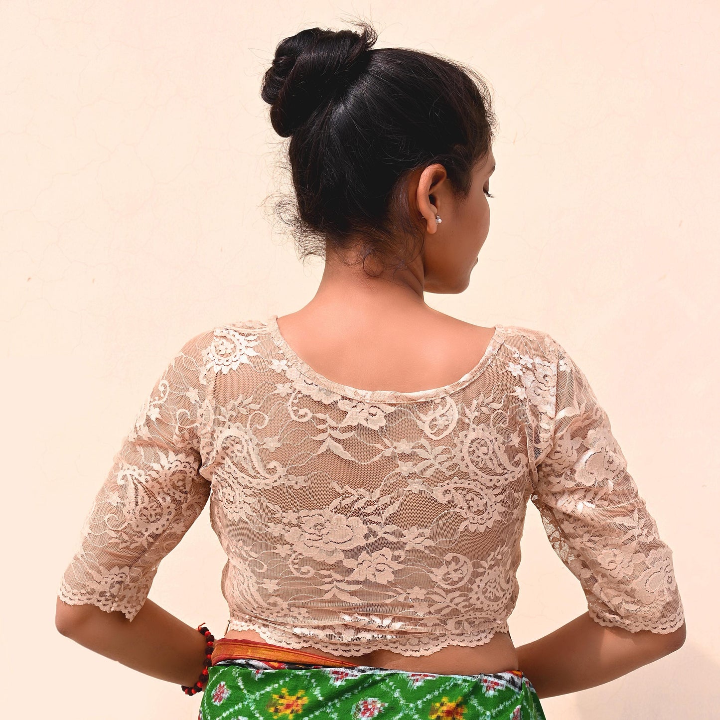 Indian Pre-owned Beige Net woven Blouse/Top/Crop Party wear Bollywood