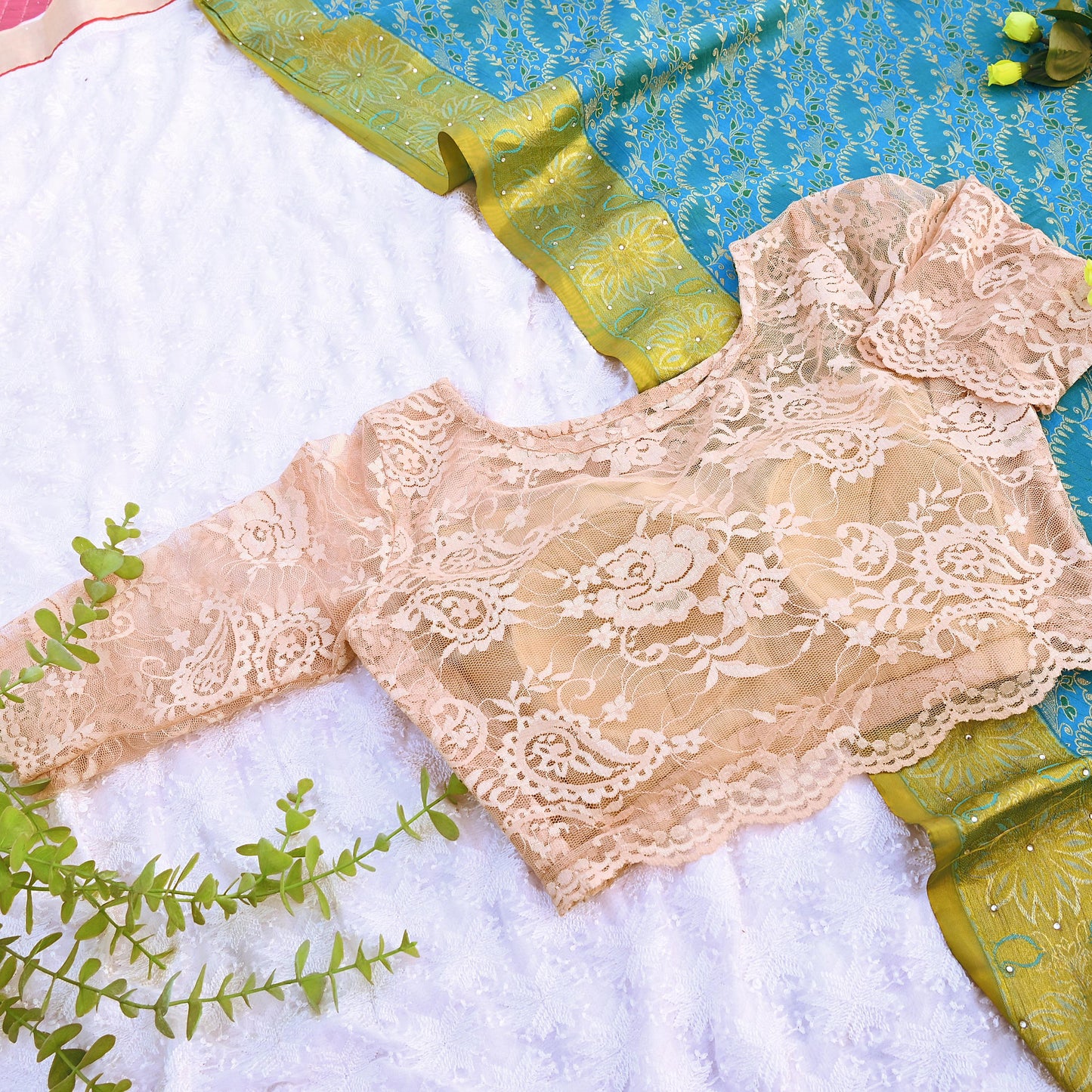 Indian Pre-owned Beige Net woven Blouse/Top/Crop Party wear Bollywood