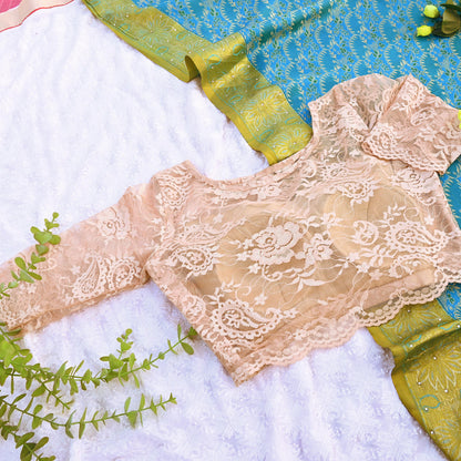 Indian Pre-owned Beige Net woven Blouse/Top/Crop Party wear Bollywood