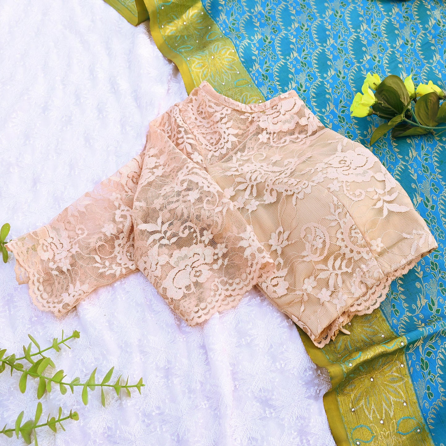 Indian Pre-owned Beige Net woven Blouse/Top/Crop Party wear Bollywood