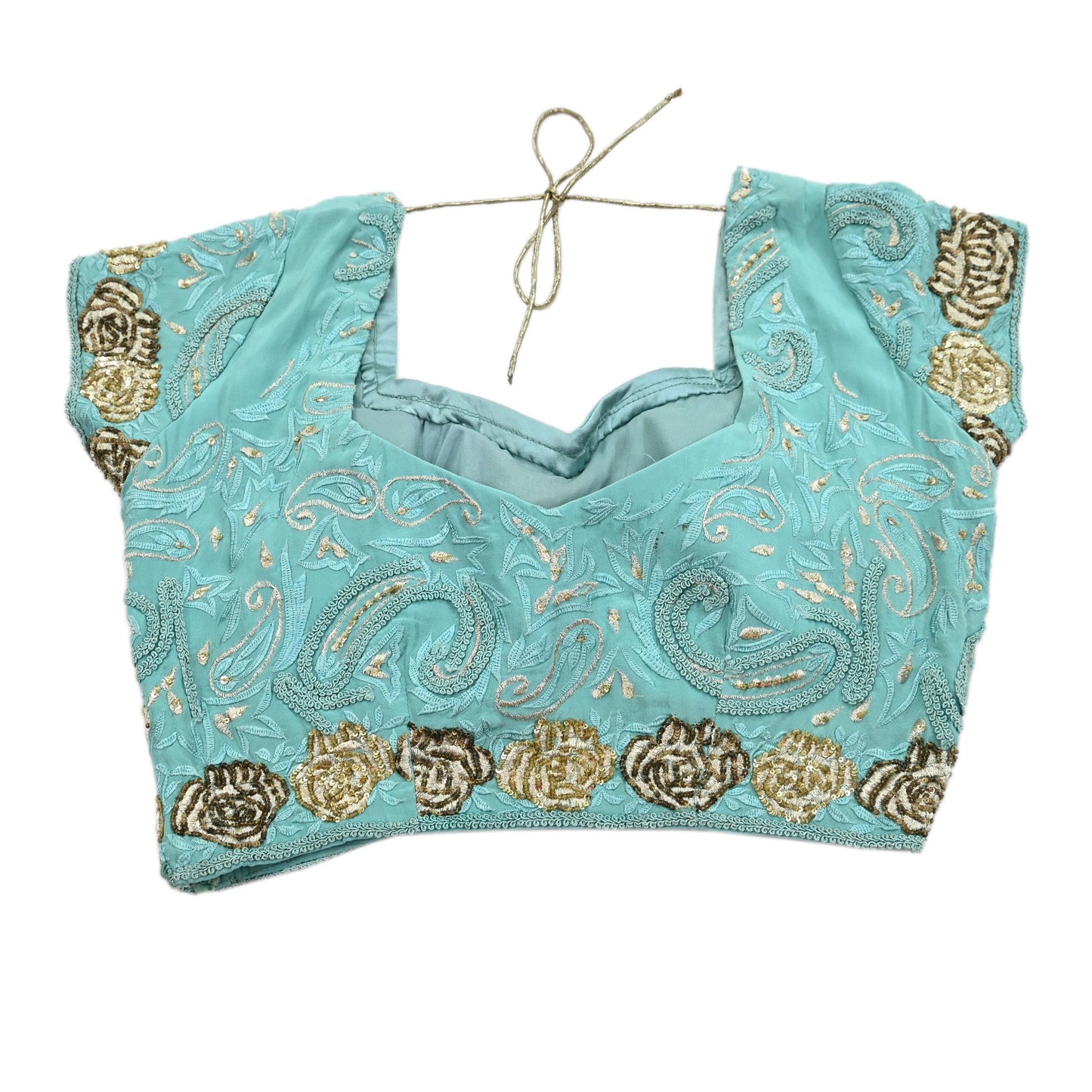 Indian Vintage Green Pure Crepe silk Hand Embroidered Padded Blouse/Top/Crop M Size Party wear Bollywood