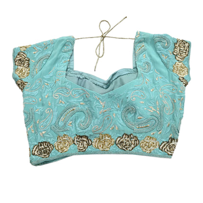 Indian Vintage Green Pure Crepe silk Hand Embroidered Padded Blouse/Top/Crop M Size Party wear Bollywood