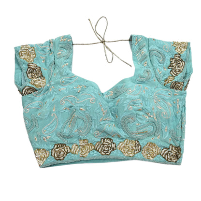 Indian Vintage Green Pure Crepe silk Hand Embroidered Padded Blouse/Top/Crop M Size Party wear Bollywood