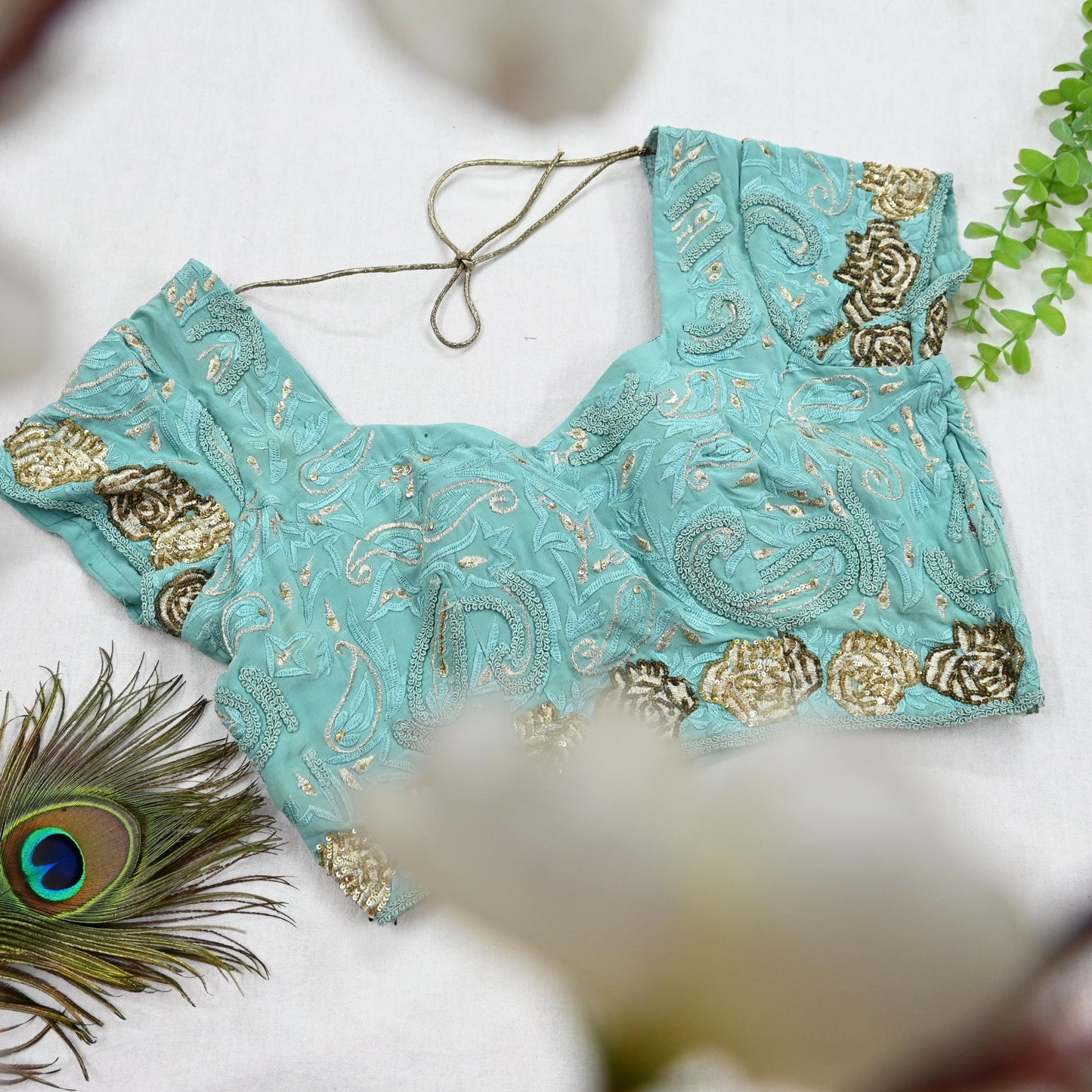 Indian Vintage Green Pure Crepe silk Hand Embroidered Padded Blouse/Top/Crop M Size Party wear Bollywood