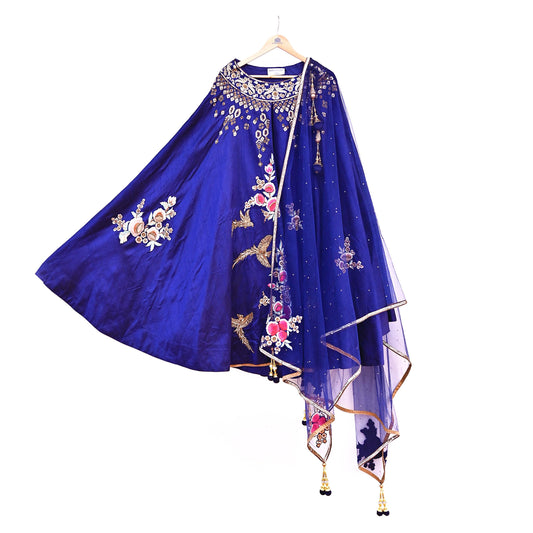 Anamika Khanna Deep Blue Raw Silk Bridal Lehenga Set Heavy Hand Embroidered Wedding Outfit with Net Dupatta Couture Indian Wear