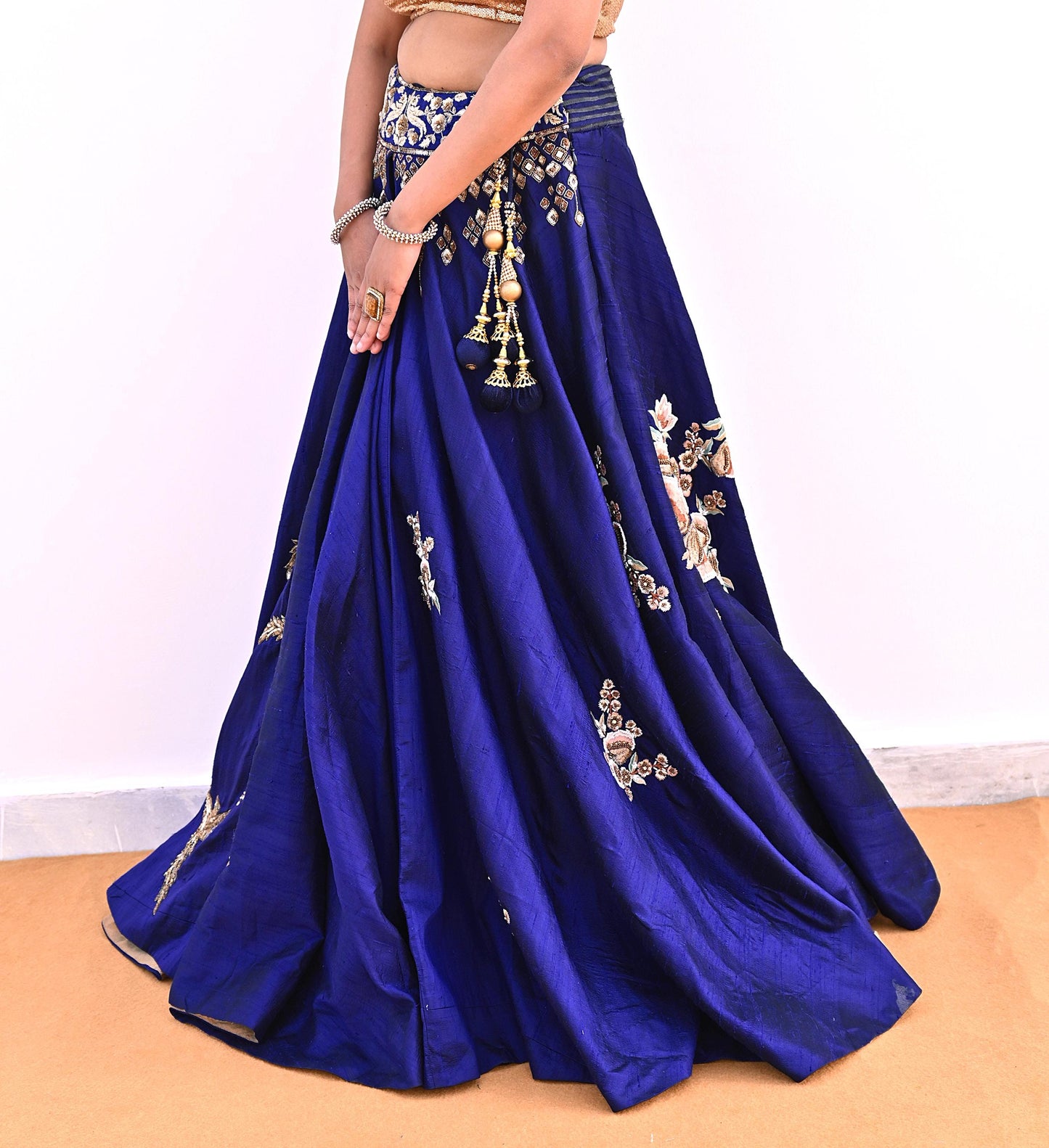 Anamika Khanna Deep Blue Raw Silk Bridal Lehenga Set Heavy Hand Embroidered Wedding Outfit with Net Dupatta Couture Indian Wear