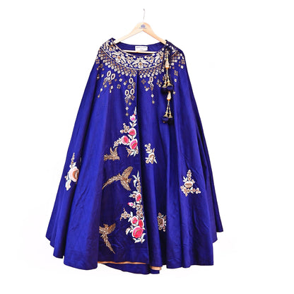 Anamika Khanna Deep Blue Raw Silk Skirt Heavy Hand Embroidered Bridal Lehenga Bottom Designer Wedding Couture Outfit