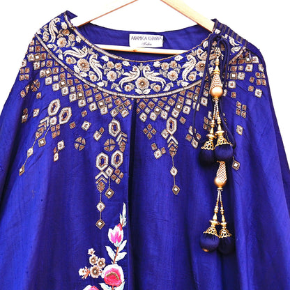 Anamika Khanna Deep Blue Raw Silk Skirt Heavy Hand Embroidered Bridal Lehenga Bottom Designer Wedding Couture Outfit