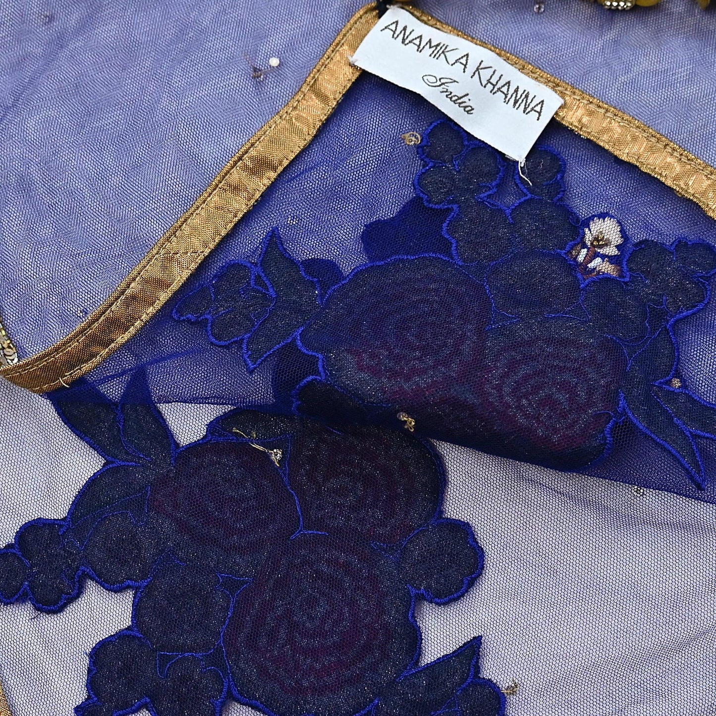 Deep Blue Net Hand Embroidered Dupatta by Anamika Khanna Bridal Zardozi Stole Indian Wedding Veil Designer Couture Scarf