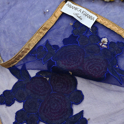 Deep Blue Net Hand Embroidered Dupatta by Anamika Khanna Bridal Zardozi Stole Indian Wedding Veil Designer Couture Scarf