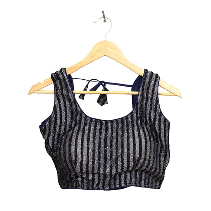 Indian New Blue & Silver Chanderi Hand Woven sleeveless Padded Blouse/Top/Crop Party wear Bollywood Blouse