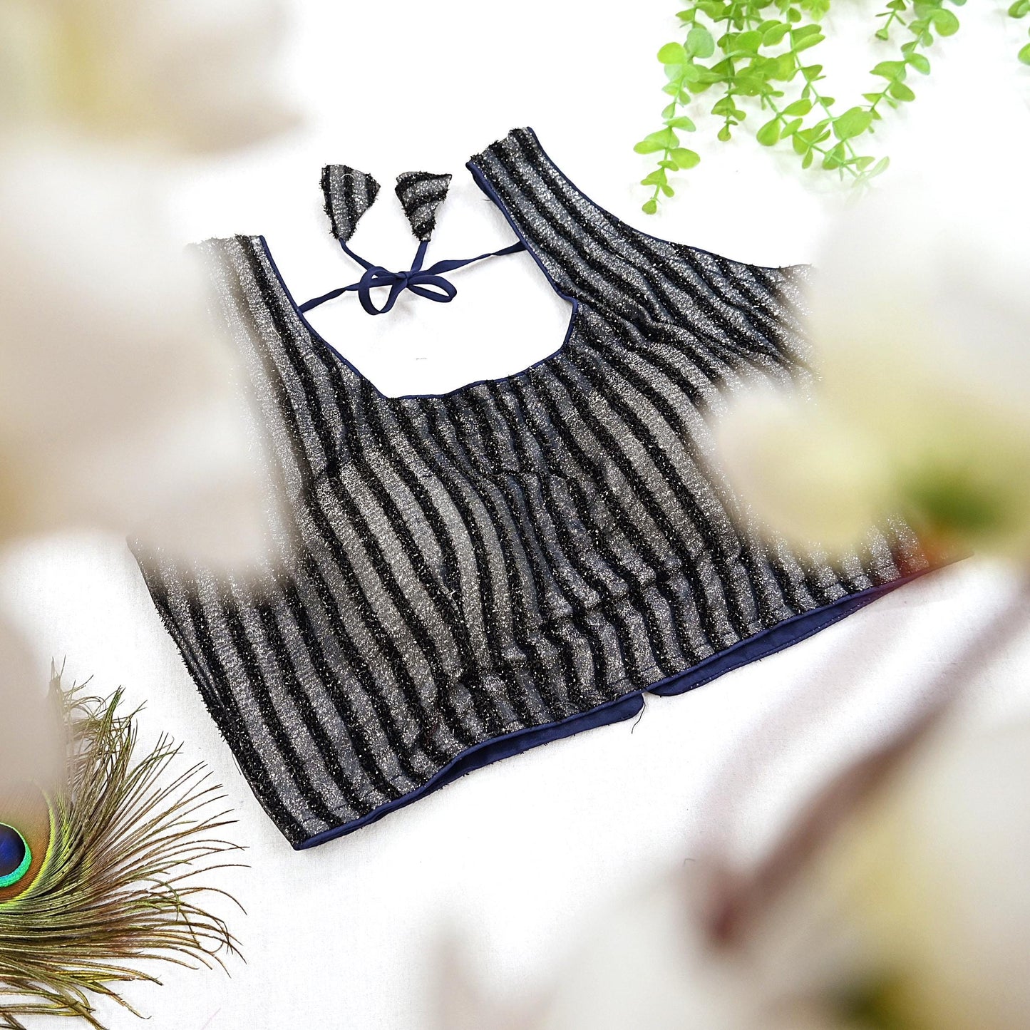 Indian New Blue & Silver Chanderi Hand Woven sleeveless Padded Blouse/Top/Crop Party wear Bollywood Blouse