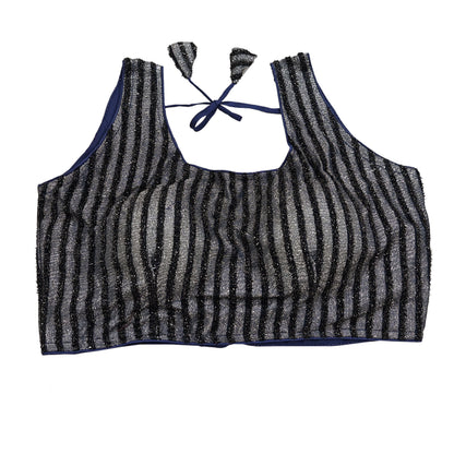 Indian New Blue & Silver Chanderi Hand Woven sleeveless Padded Blouse/Top/Crop Party wear Bollywood Blouse
