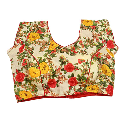 Indian New Beige Chanderi Digita Printed Padded Blouse/Top/Crop Party wear Bollywood Blouse