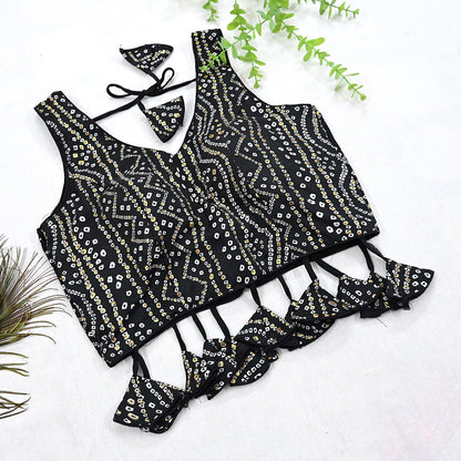 Indian New Black Chanderi Bandhani Printed Padded Blouse/Top/Crop Party wear Bollywood Blouse