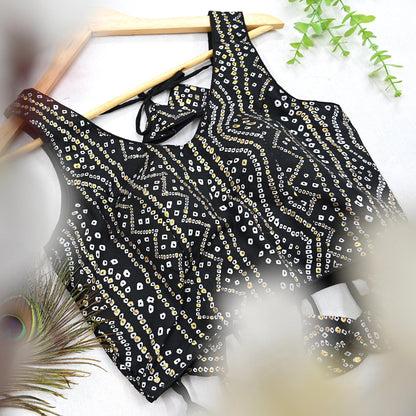 Indian New Black Chanderi Bandhani Printed Padded Blouse/Top/Crop Party wear Bollywood Blouse