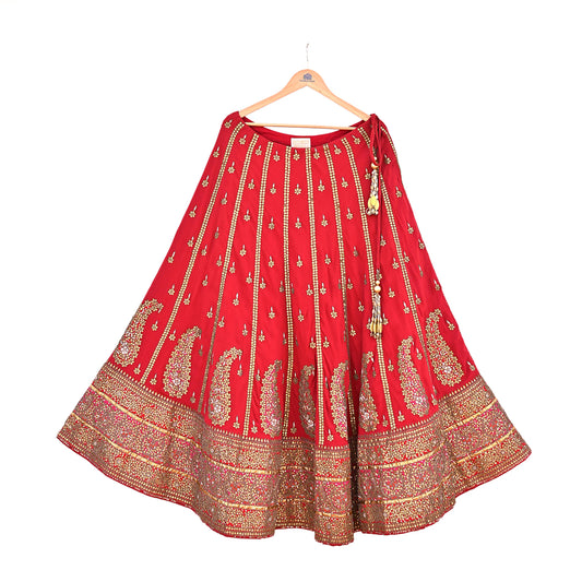 Abu Jani Red Georgette Silk Bridal Lehenga, Gota Patti Hand Embroidered Wedding Skirt, Couture Indian Festive Wear, Designer Bridal Outfit