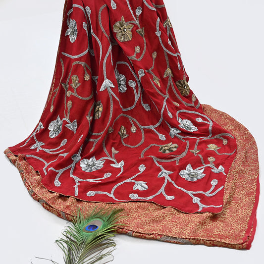 Pre-owned Anamika Khanna Red Georgette Silk Saree, Hand Embroidered Zardozi Designer Wedding Sari Bridal Bollywood Wear Festive Party Saree