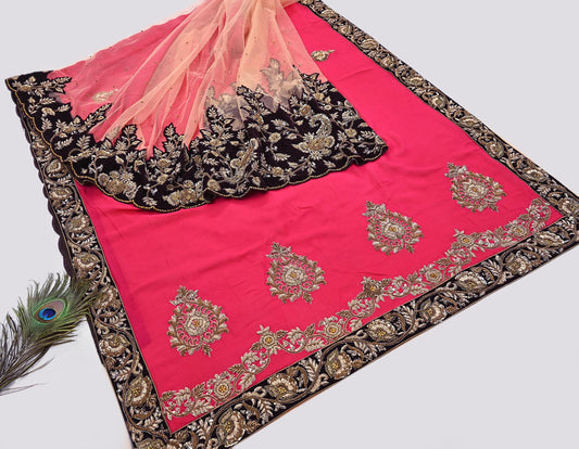 Pre-Owned Sari Peach Pink Net & Pure Georgette silk Hand Embroidered Designer Manish Malhotra Sarees Ethnic Zardozi/Dabka Zari Wedding Saree