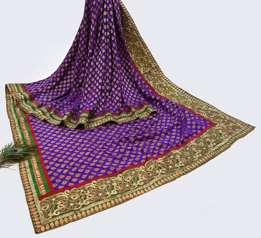 Pre-owned Purple Pure Georgette Silk Hand woven Banarasi Saree Zardozi 5 yard Sari Anamika Khanna Designer Indian Bridal Wear Party Sari