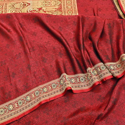Vintage Maroon Banarasi Silk Saree Pure Satin Silk Handwoven Tanchoi Fabric with Floral Weave 5 Yard Dressmaking Craft Material