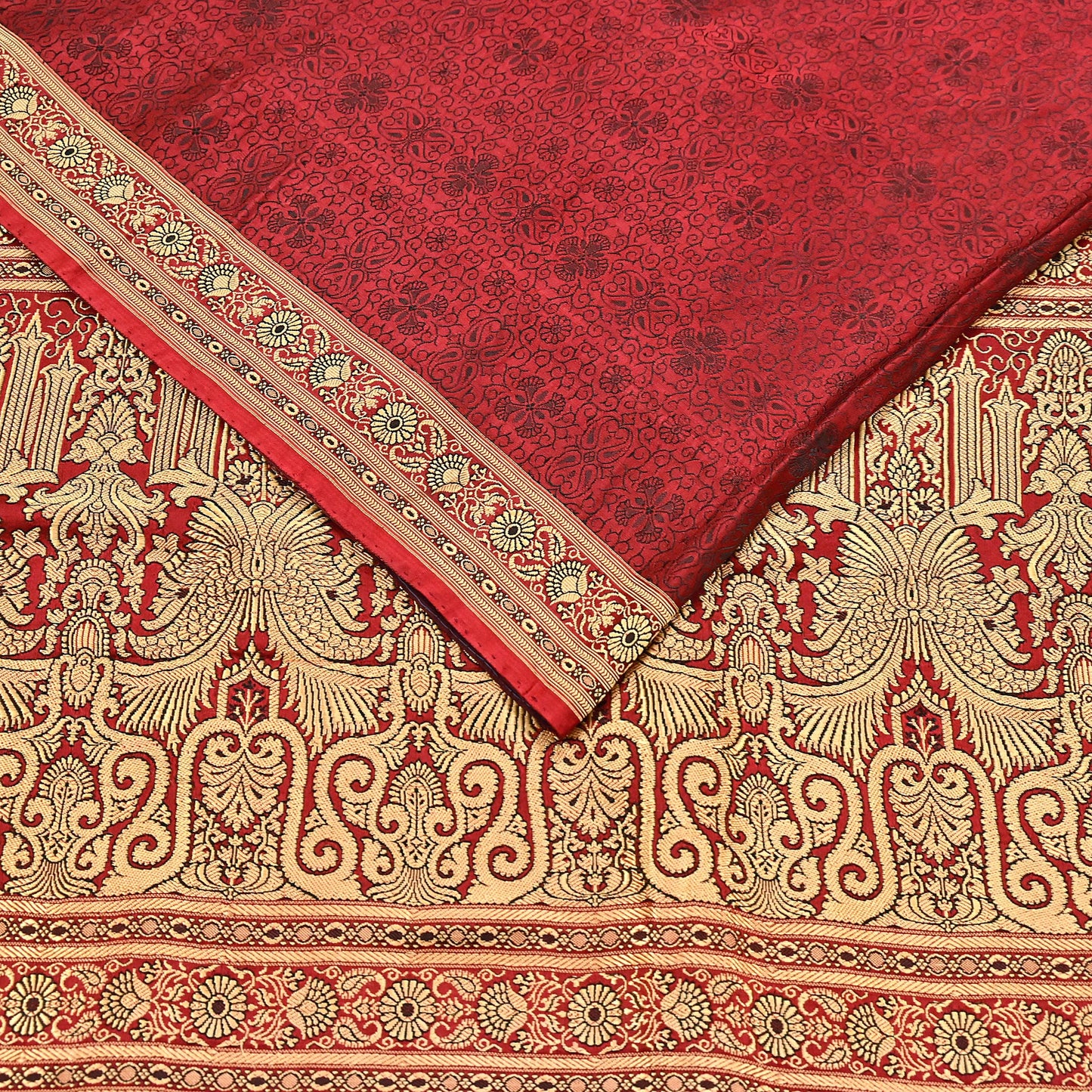 Vintage Maroon Banarasi Silk Saree Pure Satin Silk Handwoven Tanchoi Fabric with Floral Weave 5 Yard Dressmaking Craft Material