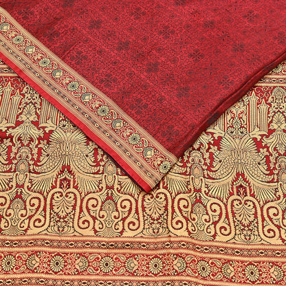 Vintage Maroon Banarasi Silk Saree Pure Satin Silk Handwoven Tanchoi Fabric with Floral Weave 5 Yard Dressmaking Craft Material