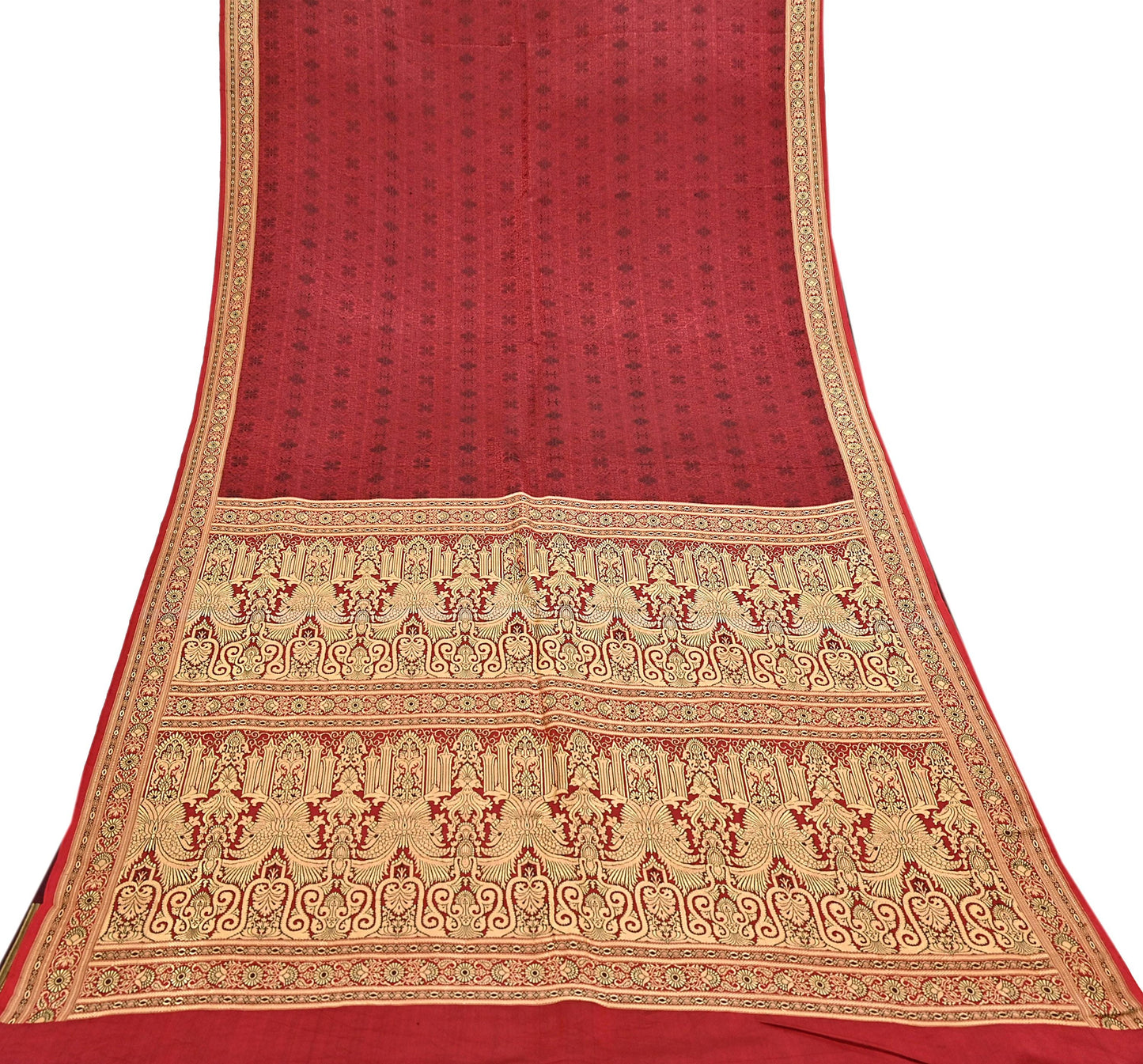 Vintage Maroon Banarasi Silk Saree Pure Satin Silk Handwoven Tanchoi Fabric with Floral Weave 5 Yard Dressmaking Craft Material