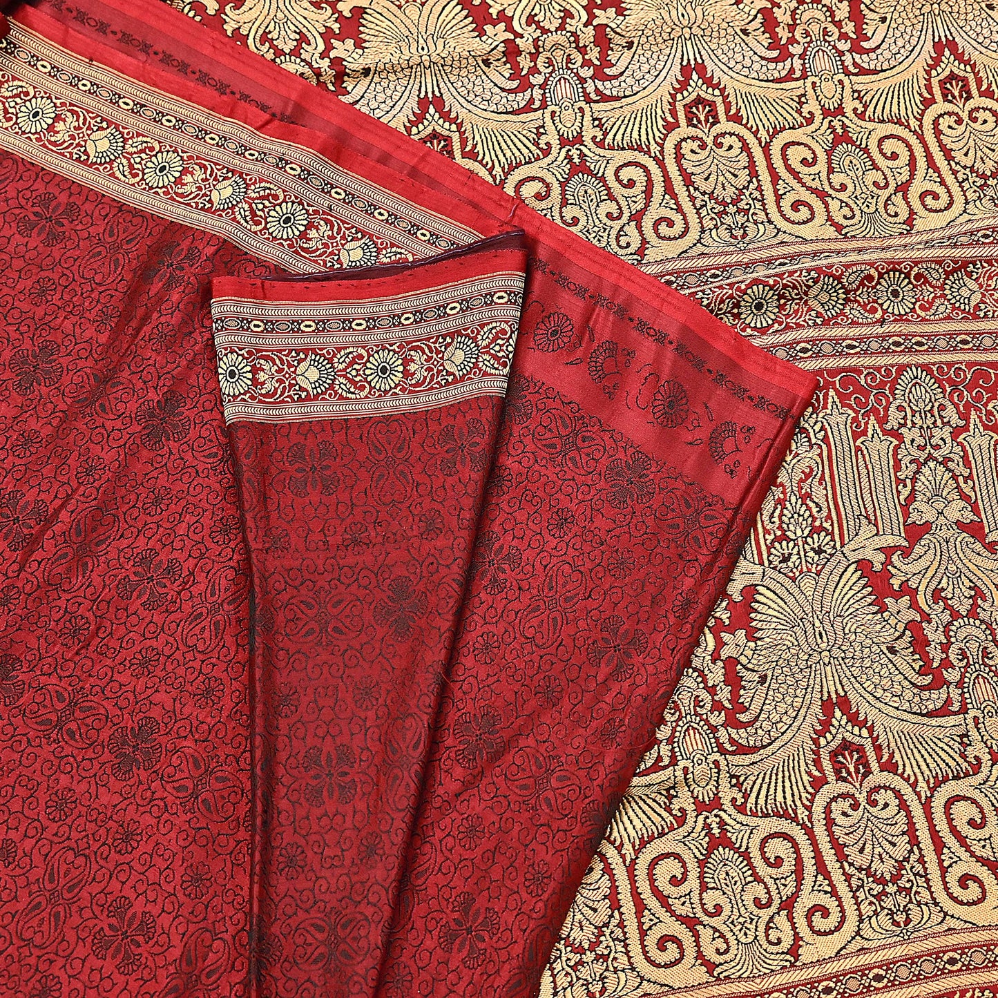 Vintage Maroon Banarasi Silk Saree Pure Satin Silk Handwoven Tanchoi Fabric with Floral Weave 5 Yard Dressmaking Craft Material