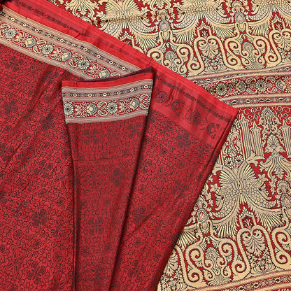 Vintage Maroon Banarasi Silk Saree Pure Satin Silk Handwoven Tanchoi Fabric with Floral Weave 5 Yard Dressmaking Craft Material