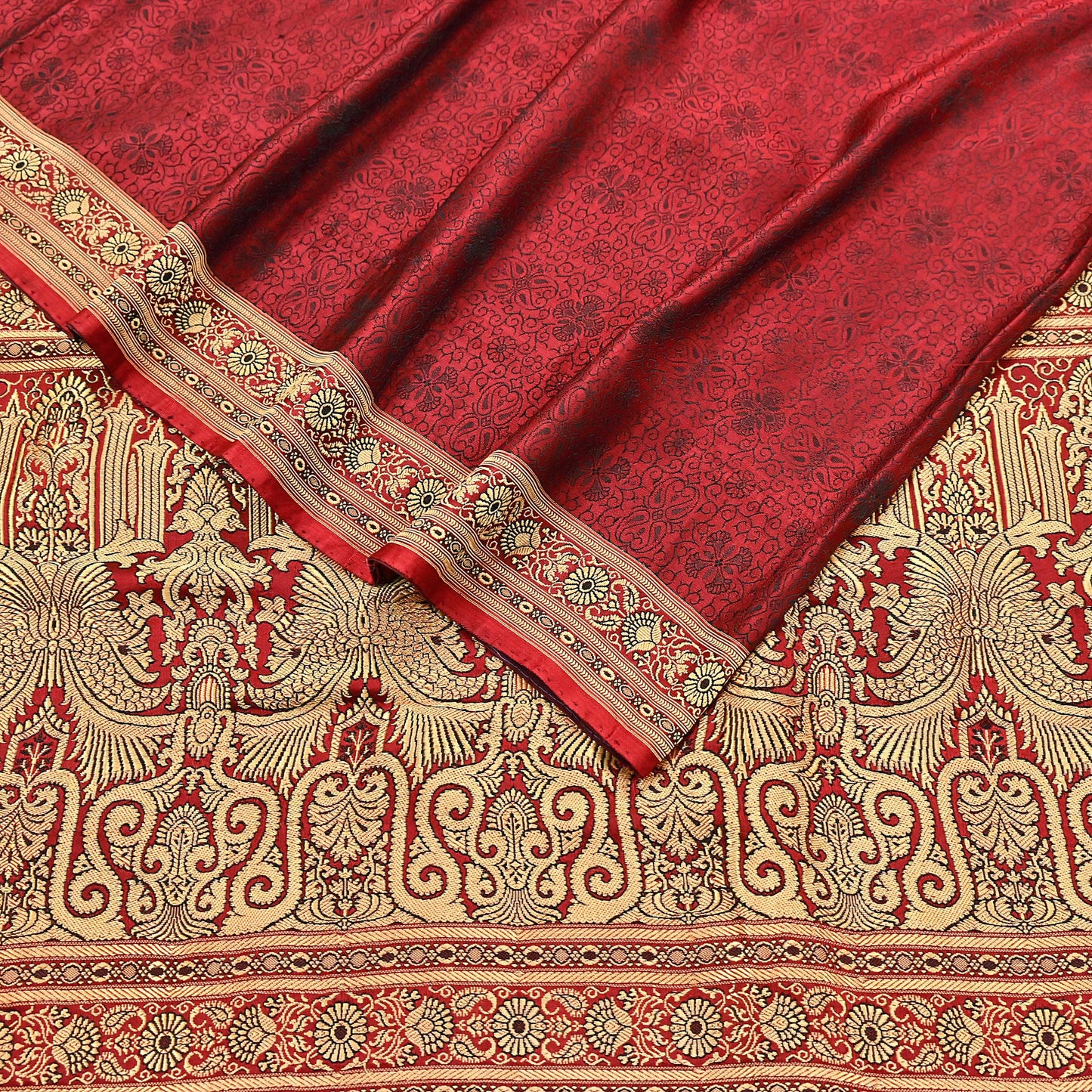 Vintage Maroon Banarasi Silk Saree Pure Satin Silk Handwoven Tanchoi Fabric with Floral Weave 5 Yard Dressmaking Craft Material