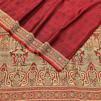 Vintage Maroon Banarasi Silk Saree Pure Satin Silk Handwoven Tanchoi Fabric with Floral Weave 5 Yard Dressmaking Craft Material