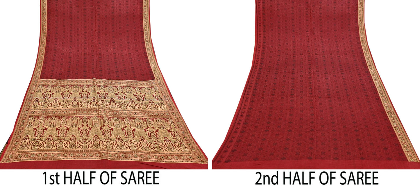 Vintage Maroon Banarasi Silk Saree Pure Satin Silk Handwoven Tanchoi Fabric with Floral Weave 5 Yard Dressmaking Craft Material