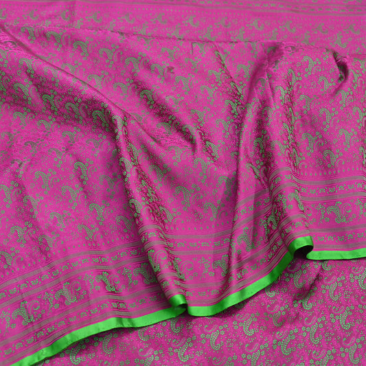 Vintage Purple & Green Banarasi Silk Saree Pure Satin Silk Handwoven Tanchoi Fabric with Floral Weave 5 Yard Dressmaking Craft Material