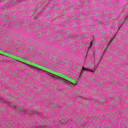 Vintage Purple & Green Banarasi Silk Saree Pure Satin Silk Handwoven Tanchoi Fabric with Floral Weave 5 Yard Dressmaking Craft Material