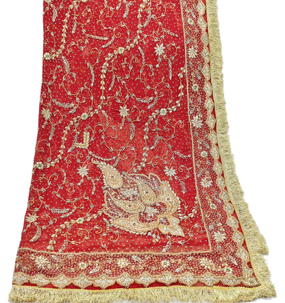 Indian Vintage Heavy Bridal Red Dupatta Pure Chiffon Silk Long Stole Hand Embroidered Scarf Zardozi/Dabka Zari Sequins Wedding Veil Hijab