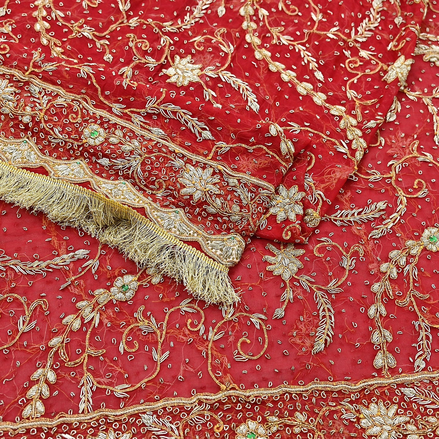 Indian Vintage Heavy Bridal Red Dupatta Pure Chiffon Silk Long Stole Hand Embroidered Scarf Zardozi/Dabka Zari Sequins Wedding Veil Hijab