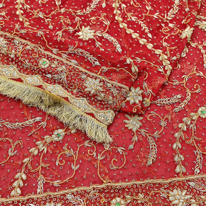 Indian Vintage Heavy Bridal Red Dupatta Pure Chiffon Silk Long Stole Hand Embroidered Scarf Zardozi/Dabka Zari Sequins Wedding Veil Hijab