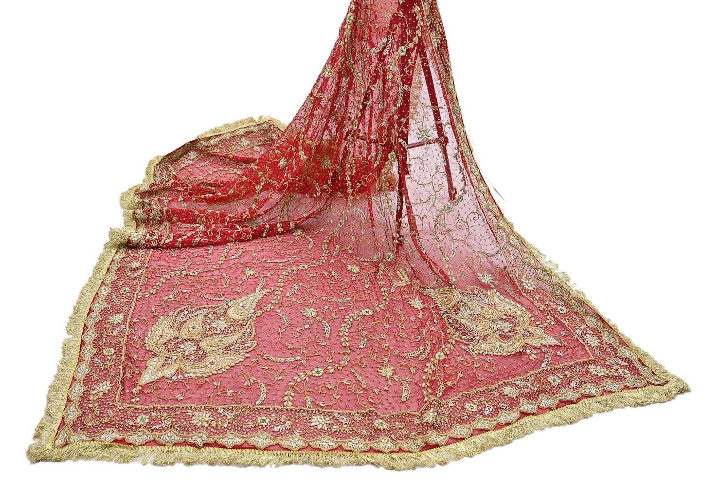 Indian Vintage Heavy Bridal Red Dupatta Pure Chiffon Silk Long Stole Hand Embroidered Scarf Zardozi/Dabka Zari Sequins Wedding Veil Hijab