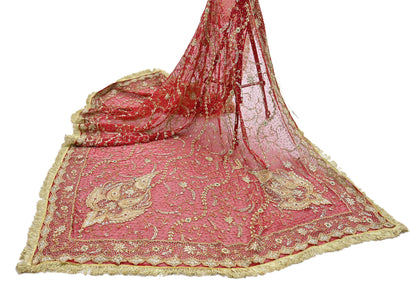 Indian Vintage Heavy Bridal Red Dupatta Pure Chiffon Silk Long Stole Hand Embroidered Scarf Zardozi/Dabka Zari Sequins Wedding Veil Hijab