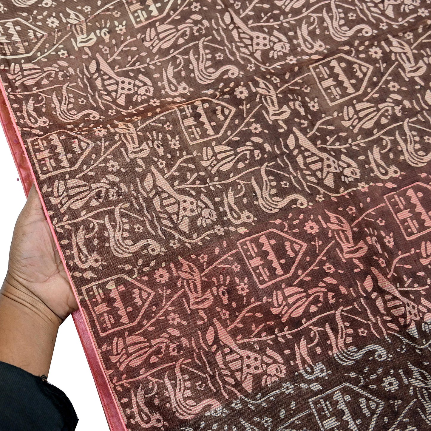 Indian Vintage Brown & Multi Saree Pure Khadi Silk Handloom Printed Sari Fabric 5yd Ethnic Wear Sari Birds Designs Dress making Crafting