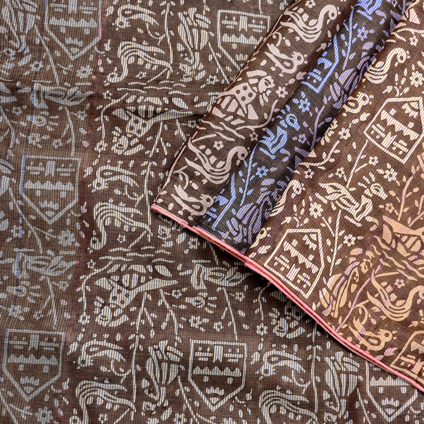 Indian Vintage Brown & Multi Saree Pure Khadi Silk Handloom Printed Sari Fabric 5yd Ethnic Wear Sari Birds Designs Dress making Crafting