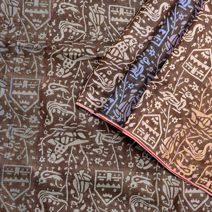 Indian Vintage Brown & Multi Saree Pure Khadi Silk Handloom Printed Sari Fabric 5yd Ethnic Wear Sari Birds Designs Dress making Crafting