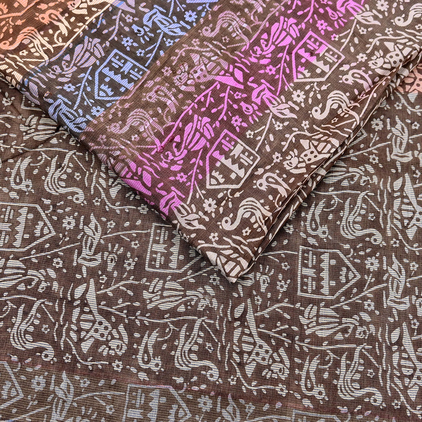 Indian Vintage Brown & Multi Saree Pure Khadi Silk Handloom Printed Sari Fabric 5yd Ethnic Wear Sari Birds Designs Dress making Crafting